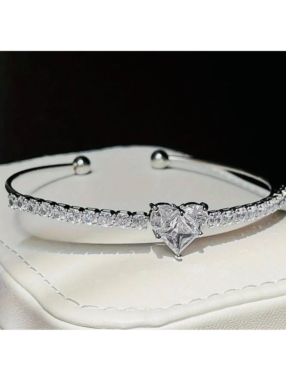 New - Beautiful - Silver & Rhinestone Heart Cuff Bracelet